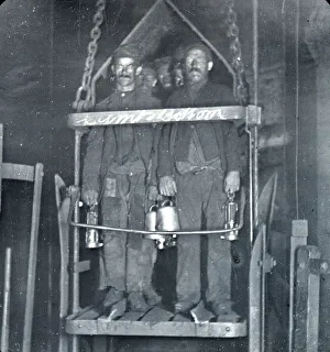 Coal miners in shaft lift, South Wales Coal miners in shaft lift, South Wales