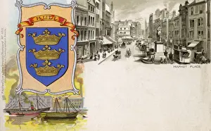 Prints of Coat of Arms of Hull, Humberside and view of Market Place Date: circa 1900 Humberside Prints: Coat of Arms of Hull, Humberside Print circa 1900