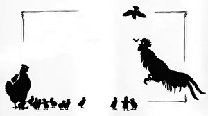 Print of a cockerel catching a moth, with hen and chicks watching