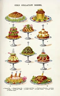 Prints of COLD COLLATION DISHES pigeon pie - game pie - cutlets and other meat dishes Pigeon Prints: Cold Collation Dishes Print - Game Pie and Meat Dishes