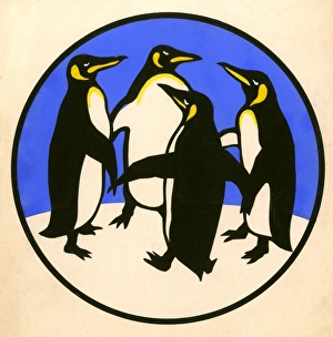 Coloured silhouette of four penguins dancing Coloured silhouette of four penguins dancing