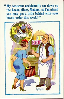 Comic postcard, accident with bacon slicer Date: 20th century Comic postcard, accident with bacon slicer Date: 20th century