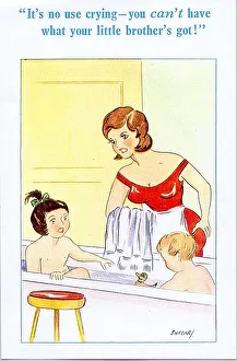 Comic postcard, Bathtime for son and daughter Date: 20th century Comic postcard, Bathtime for son and daughter Date: 20th century