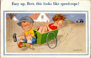 Comic postcard, Two boys speeding in a go-kart Date: 20th century Comic postcard, Two boys speeding in a go-kart Date: 20th century