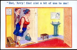 Comic postcard, Couple arrive in hotel room Date: 20th century Comic postcard, Couple arrive in hotel room Date: 20th century