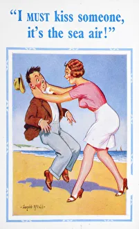 Comic postcard, Couple on the beach Date: circa 1955 Comic postcard, Couple on the beach Date: circa 1955