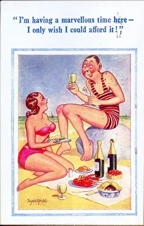 Comic postcard, Couple having picnic on the beach Date: 20th century Comic postcard, Couple having picnic on the beach Date: 20th century