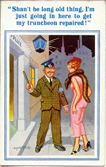Comic postcard, Couple outside police station Comic postcard, Couple outside police station