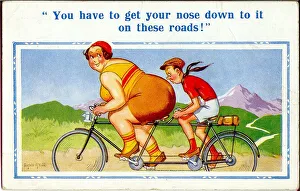Comic postcard, Couple riding tandem on a country lane Comic postcard, Couple riding tandem on a country lane