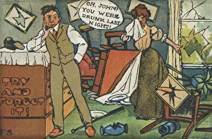 Comic postcard, couple in a trashed room Comic postcard, couple in a trashed room