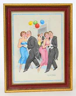 Comic postcard, Couples dancing at a party, and bumping into each other Date Comic postcard, Couples dancing at a party, and bumping into each other Date