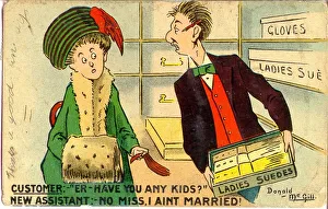 Comic postcard, Customer and shop assistant Comic postcard, Customer and shop assistant