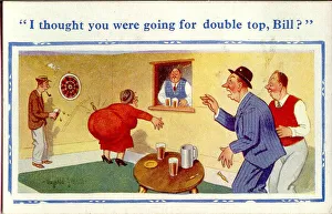 Comic postcard, Darts match in pub - double top Date: 20th century Comic postcard, Darts match in pub - double top Date: 20th century