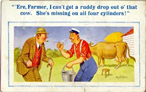 Comic postcard, Difficulty milking a cow Date: 20th century Comic postcard, Difficulty milking a cow Date: 20th century