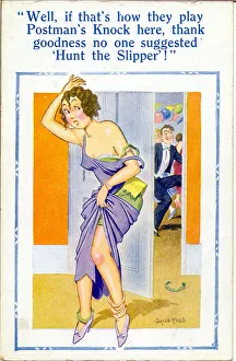 Comic postcard, Dishevelled woman at a party Date: 20th century Comic postcard, Dishevelled woman at a party Date: 20th century