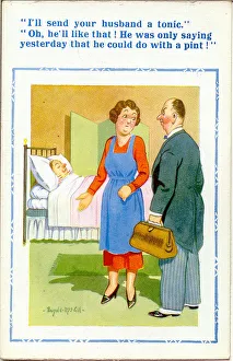 Comic postcard, Doctor visits patient, wife misunderstands Comic postcard, Doctor visits patient, wife misunderstands