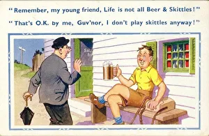 Comic postcard, Drinking man and vicar outside a pub Date: 20th century Comic postcard, Drinking man and vicar outside a pub Date: 20th century