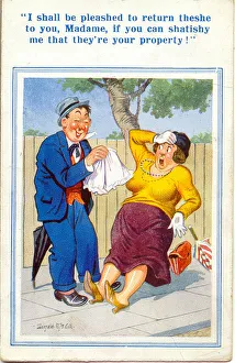 Comic postcard, Drunk man speaks to woman in the street Comic postcard, Drunk man speaks to woman in the street
