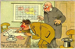Comic postcard, Drunkard signing petition to shut the pubs at ten. Date: 20th century Comic postcard, Drunkard signing petition to shut the pubs at ten. Date: 20th century