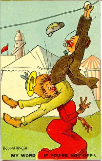 Comic postcard, Edinburgh Exhibition - man collides with woman Date: 20th century Comic postcard, Edinburgh Exhibition - man collides with woman Date: 20th century