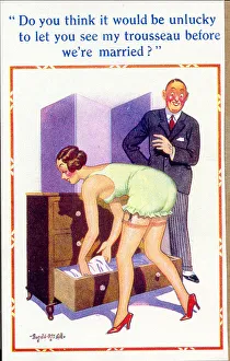 Comic postcard, Engaged couple chatting Date: 20th century Comic postcard, Engaged couple chatting Date: 20th century