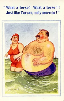 Comic postcard, Enormous man with woman in the sea Date: 20th century Comic postcard, Enormous man with woman in the sea Date: 20th century