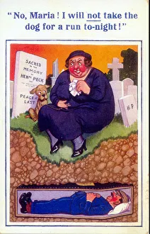 Comic postcard, Grieving woman in cemetery Date: 20th century Comic postcard, Grieving woman in cemetery Date: 20th century