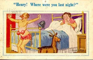Comic postcard, Husband after riotous night out Date: 20th century Comic postcard, Husband after riotous night out Date: 20th century
