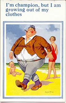 Comic postcard, Large man walking on the beach Comic postcard, Large man walking on the beach