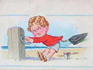 Comic postcard, Little boy clinging to post on the beach Comic postcard, Little boy clinging to post on the beach