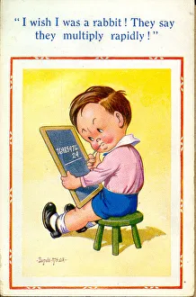 Comic postcard, Little boy doing multiplication Date: 20th century Comic postcard, Little boy doing multiplication Date: 20th century
