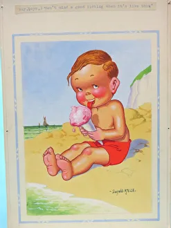 Comic postcard, Little boy with ice cream on the beach Comic postcard, Little boy with ice cream on the beach