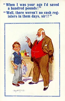 Comic postcard, Little boy and old man - saving money Date: 20th century Comic postcard, Little boy and old man - saving money Date: 20th century