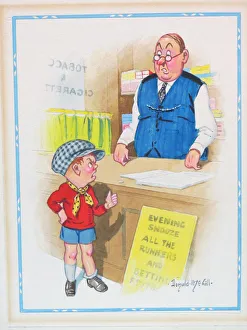Comic postcard, Little boy and shopkeeper Comic postcard, Little boy and shopkeeper