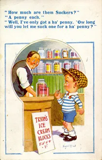 Comic postcard, Little boy and shopkeeper Date: 20th century Comic postcard, Little boy and shopkeeper Date: 20th century