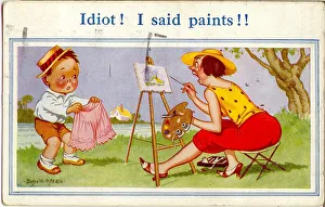 Comic postcard, Little boy and woman artist Comic postcard, Little boy and woman artist