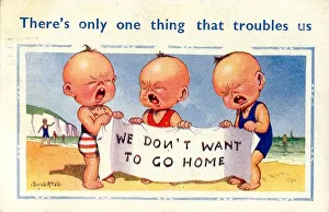 Comic postcard, Three little boys crying on the beach Date: 20th century Comic postcard, Three little boys crying on the beach Date: 20th century