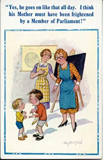 Comic postcard, Little boys and teachers in classroom Date: 20th century Comic postcard, Little boys and teachers in classroom Date: 20th century
