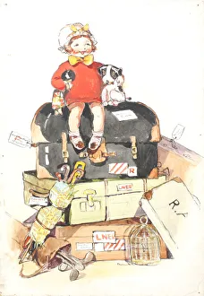 Comic postcard, Little girl with her dog and doll, sitting on a large pile of luggage Comic postcard, Little girl with her dog and doll, sitting on a large pile of luggage