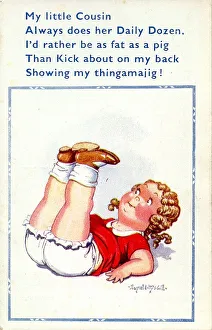 Comic postcard, Little girl exercising Date: 20th century Comic postcard, Little girl exercising Date: 20th century