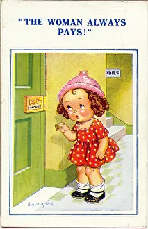 Comic postcard, Little girl with a penny for the toilet Comic postcard, Little girl with a penny for the toilet