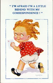 Comic postcard, Little girl running to post a letter Date: 20th century Comic postcard, Little girl running to post a letter Date: 20th century