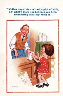 Comic postcard, Little girl and shopkeeper Comic postcard, Little girl and shopkeeper
