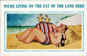 Comic postcard, Man with ducklings on the beach Date: 20th century Comic postcard, Man with ducklings on the beach Date: 20th century