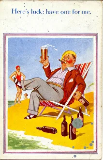 Comic postcard, Man enjoying a glass of beer in a deckchair on the beach Date Comic postcard, Man enjoying a glass of beer in a deckchair on the beach Date