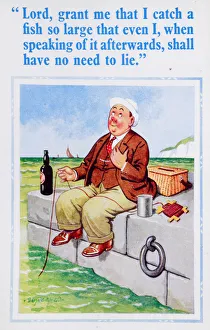 Comic postcard, Man fishing and praying at the seaside Comic postcard, Man fishing and praying at the seaside