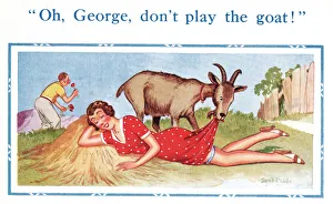 Comic postcard, man, girlfriend and goat Comic postcard, man, girlfriend and goat