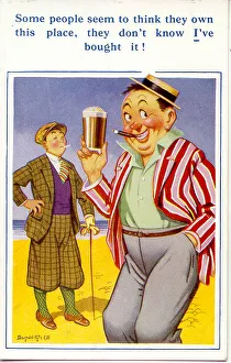 Comic postcard, Man with a glass of beer on the beach Date: 20th century Comic postcard, Man with a glass of beer on the beach Date: 20th century