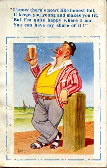 Comic postcard, Man with glass of beer at the seaside Date: 20th century Comic postcard, Man with glass of beer at the seaside Date: 20th century