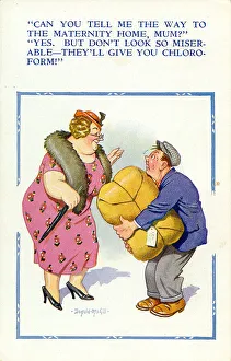 Comic postcard, Man with large parcel looking for maternity home Date: 20th century Comic postcard, Man with large parcel looking for maternity home Date: 20th century